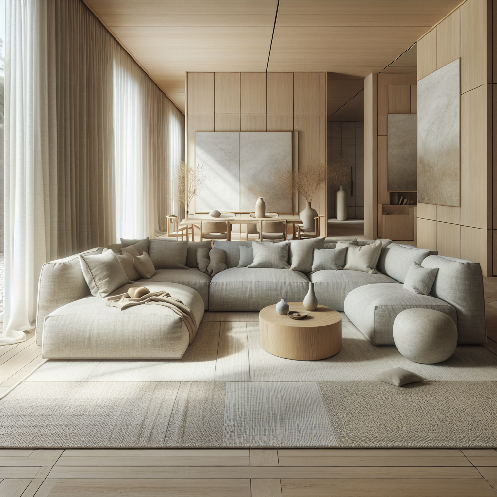 Moderne woonkamer met een comfortabele, neutraal gekleurde bank en houten meubels.