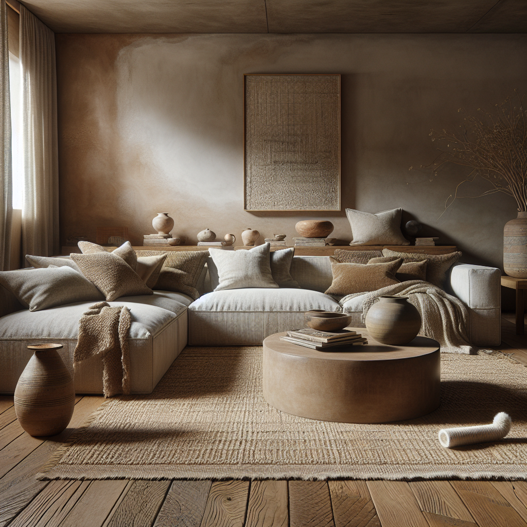 Een warme, neutrale woonkamer met cozy meubels en aardewerk decoraties.