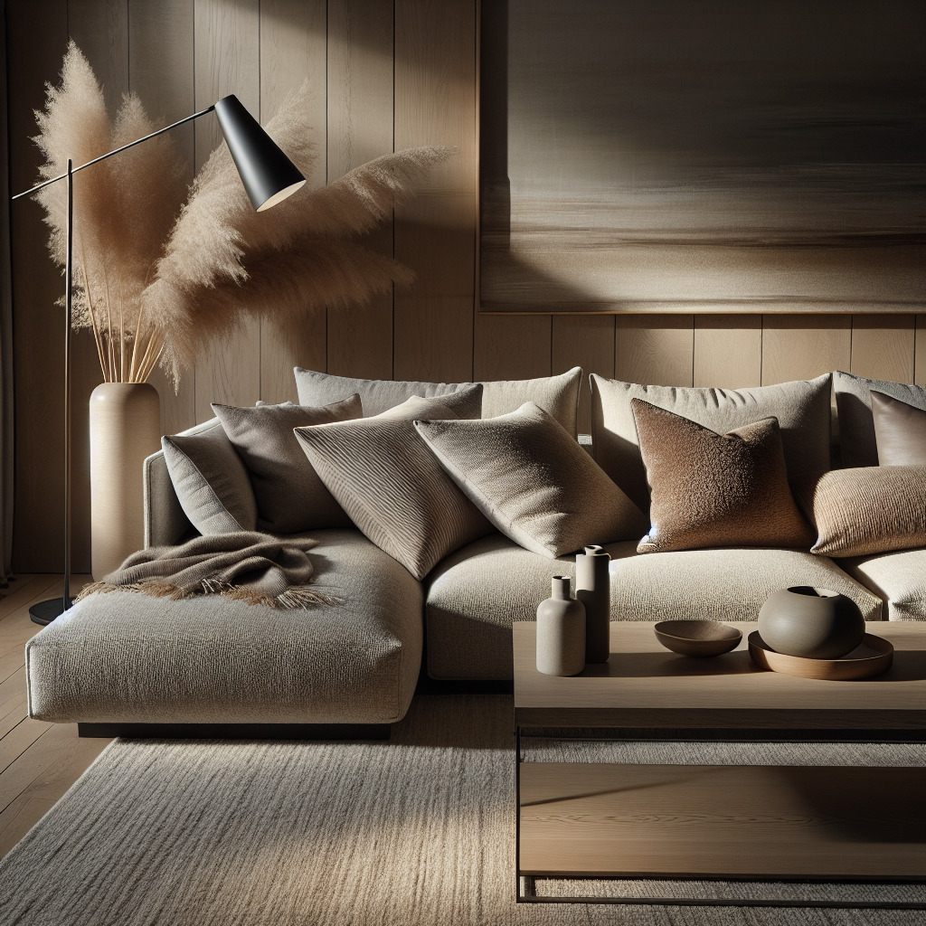 Een stijlvol interieur met een comfortabele bank en decoratieve accessoires.