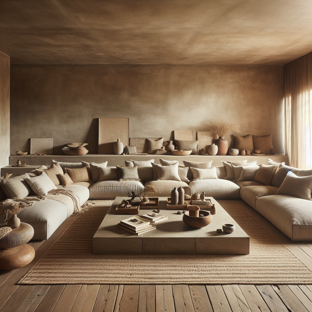 Een moderne woonkamer met aardetinten, comfortabele meubels en decoratieve accessoires.