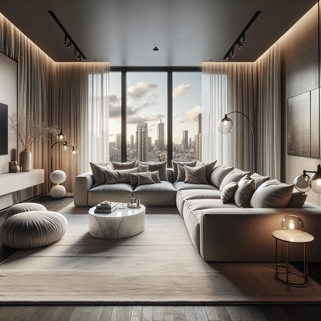 Een moderne woonkamer met een panoramisch uitzicht op de skyline van een stad.