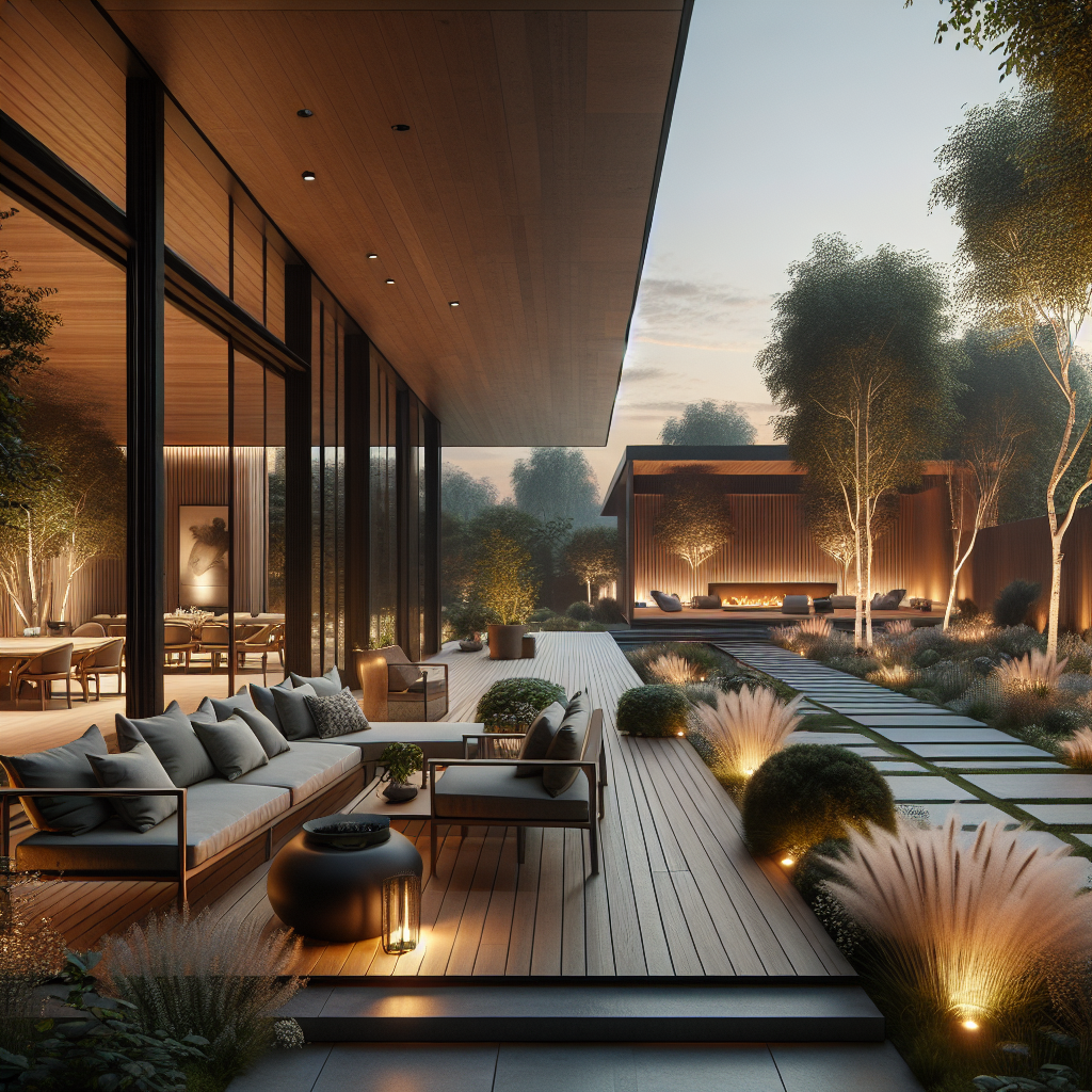 Moderne patio met comfortabele meubels, omgeven door sfeervolle verlichting en groene planten.