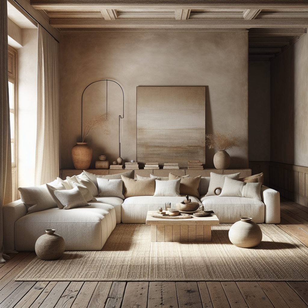 Een moderne huiskamer met een lichte bank en aardetinten decoraties.