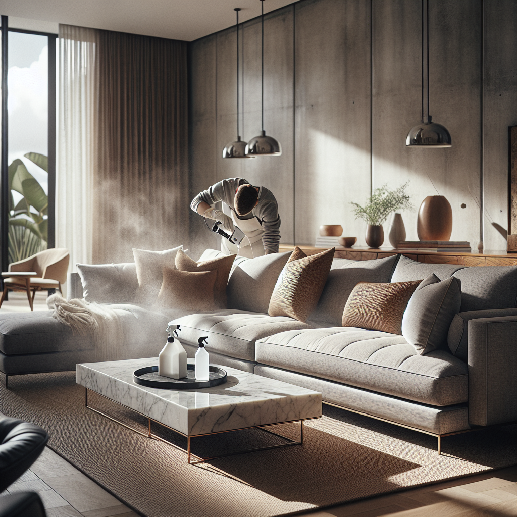 Een moderne woonkamer met iemand die de bank aan het schoonmaken is.