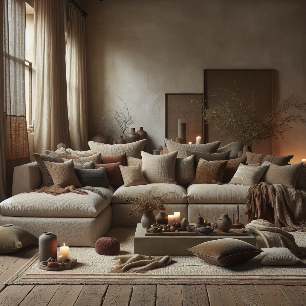 Gezellige woonkamer met neutrale kleuren, kussens, kaarsen en decoratieve elementen.