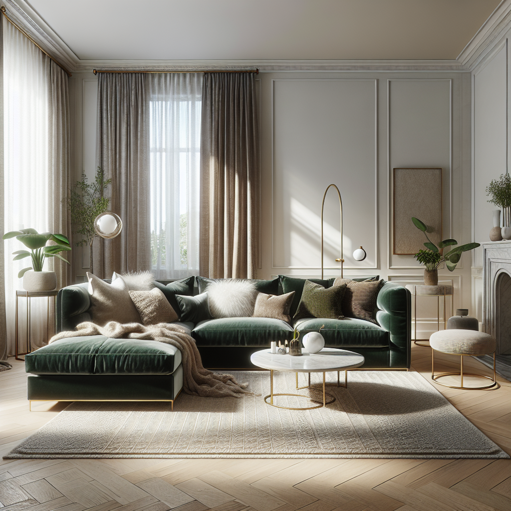 Moderne woonkamer met een groen bankstel, zachte kussens en lichte, warme decoraties.