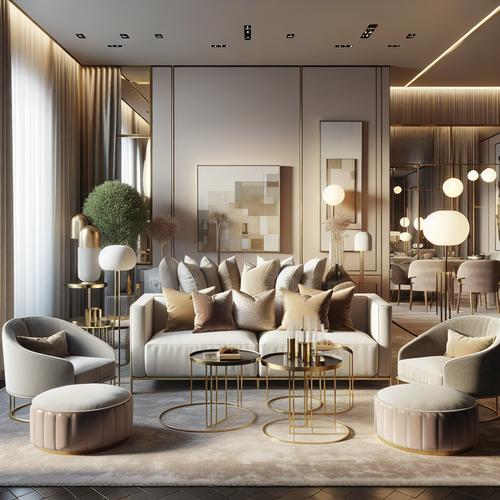 Luxe woonkamer met een stijlvolle bank, elegante fauteuils en gouden accenten.