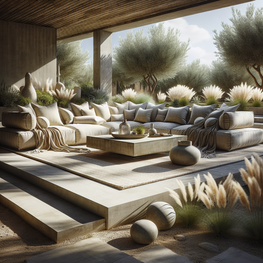 Een stijlvolle buitenruimte met comfortabel meubilair en groene planten, perfect voor ontspanning.