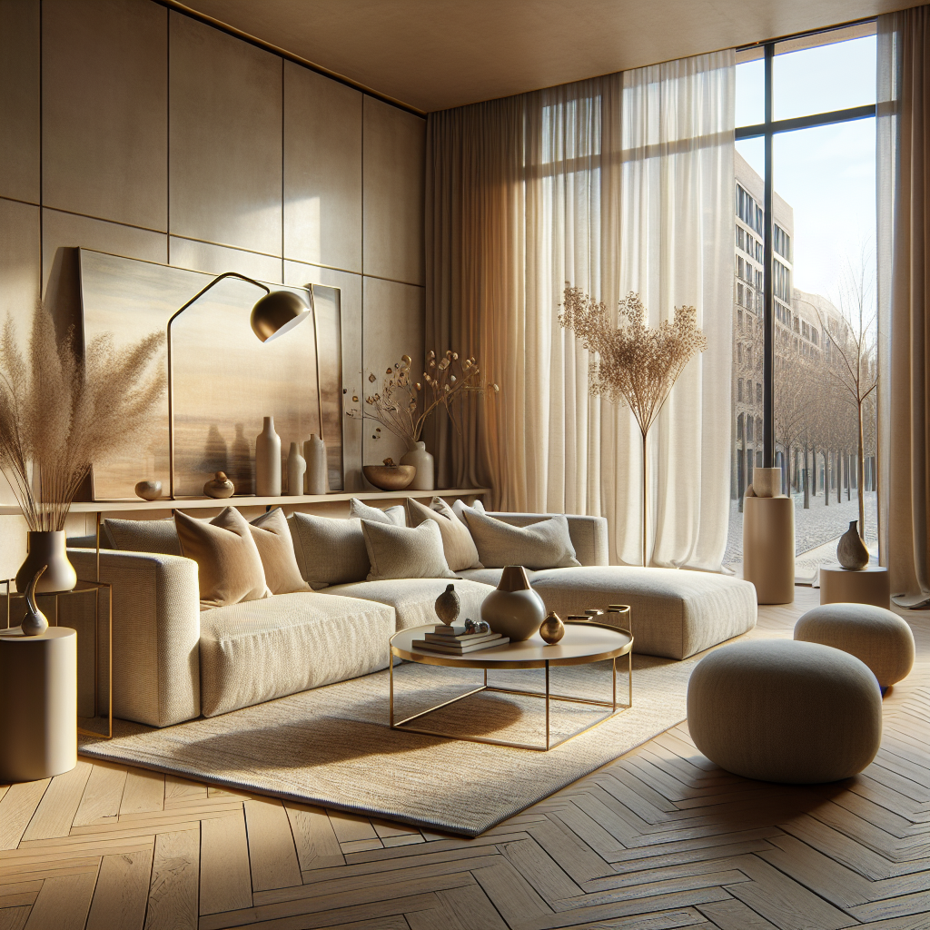 Een modern woonkamer met neutrale tinten en veel natuurlijk licht.