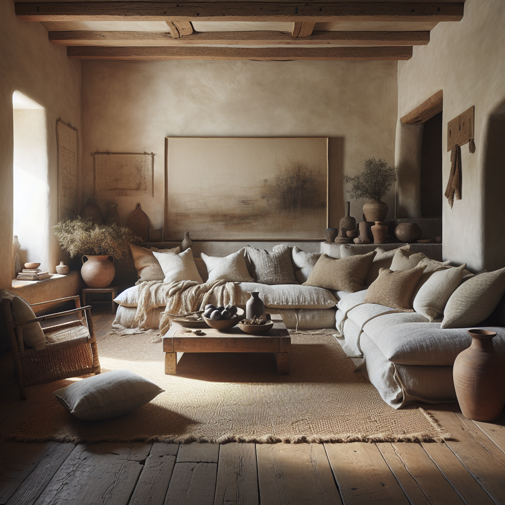 Een gezellige woonkamer met natuurlijke tinten en comfortabel meubilair.