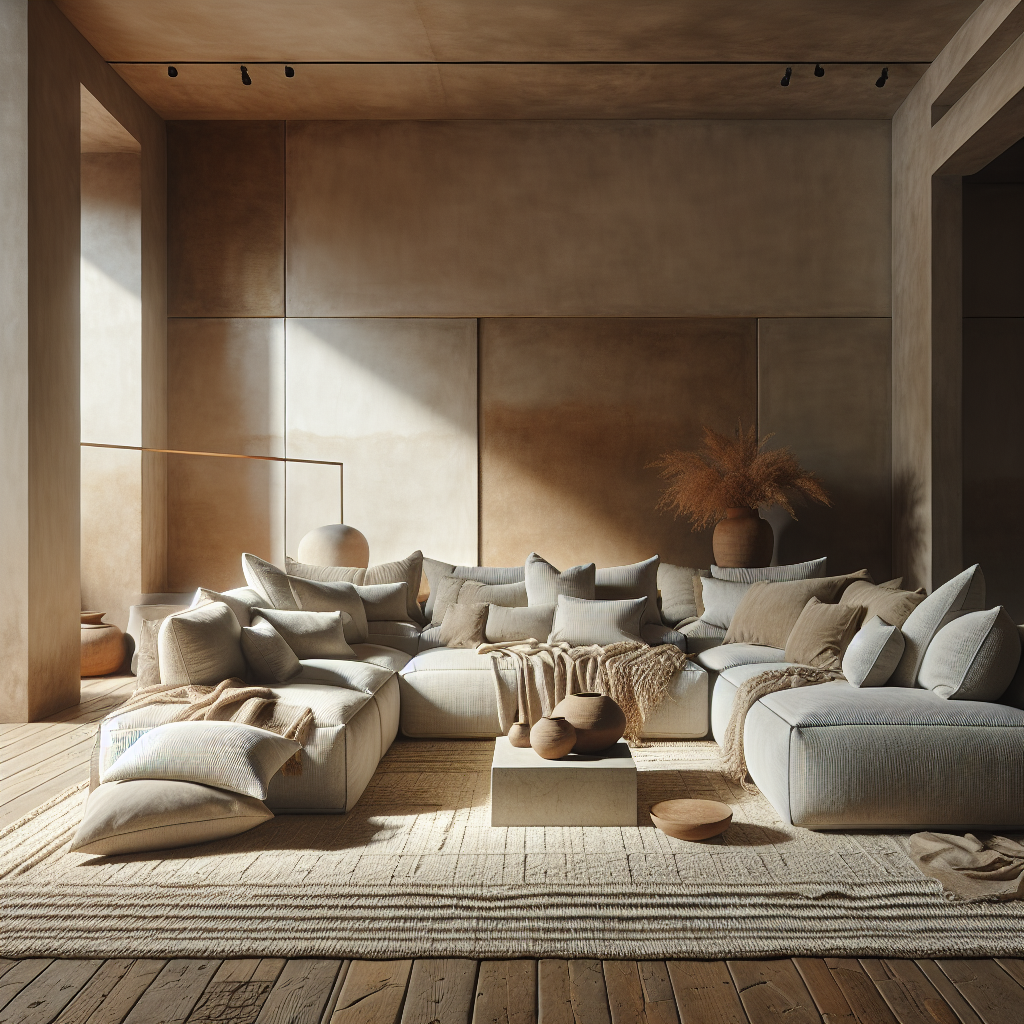 Cozy living room with neutral tones, plush cushions, and natural decor elements.