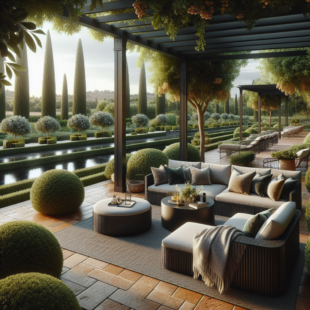 Luxe zithoek met uitzicht op een prachtig aangelegde tuin en waterpartijen.