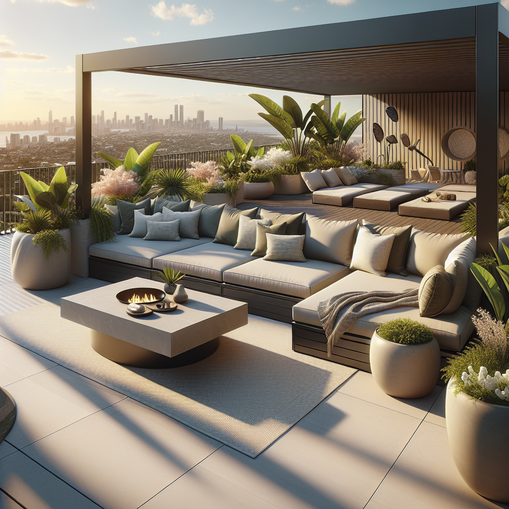 Stijlvol dakterras met loungesofa's, planten en uitzicht op de stad bij zonsondergang.