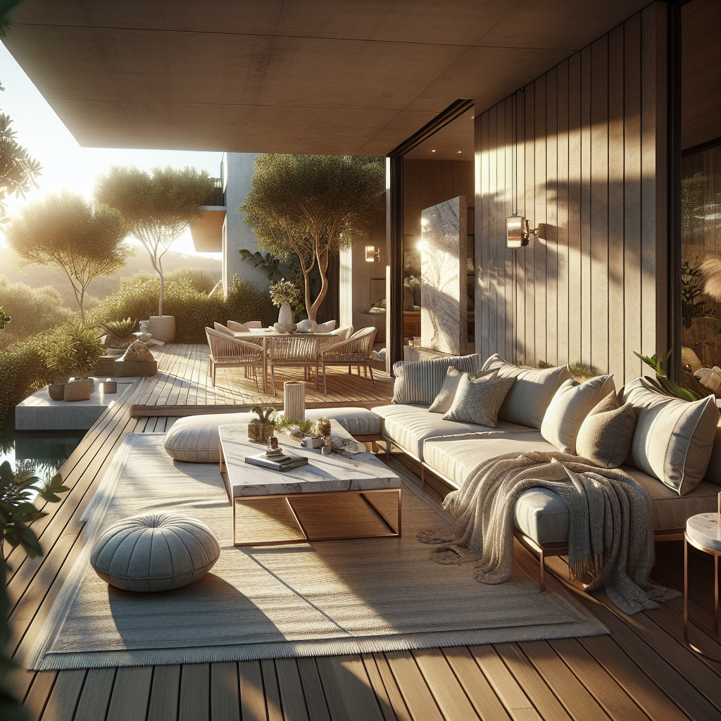 Modern terras met comfortabele meubels, planten en een prachtig uitzicht op de natuur.