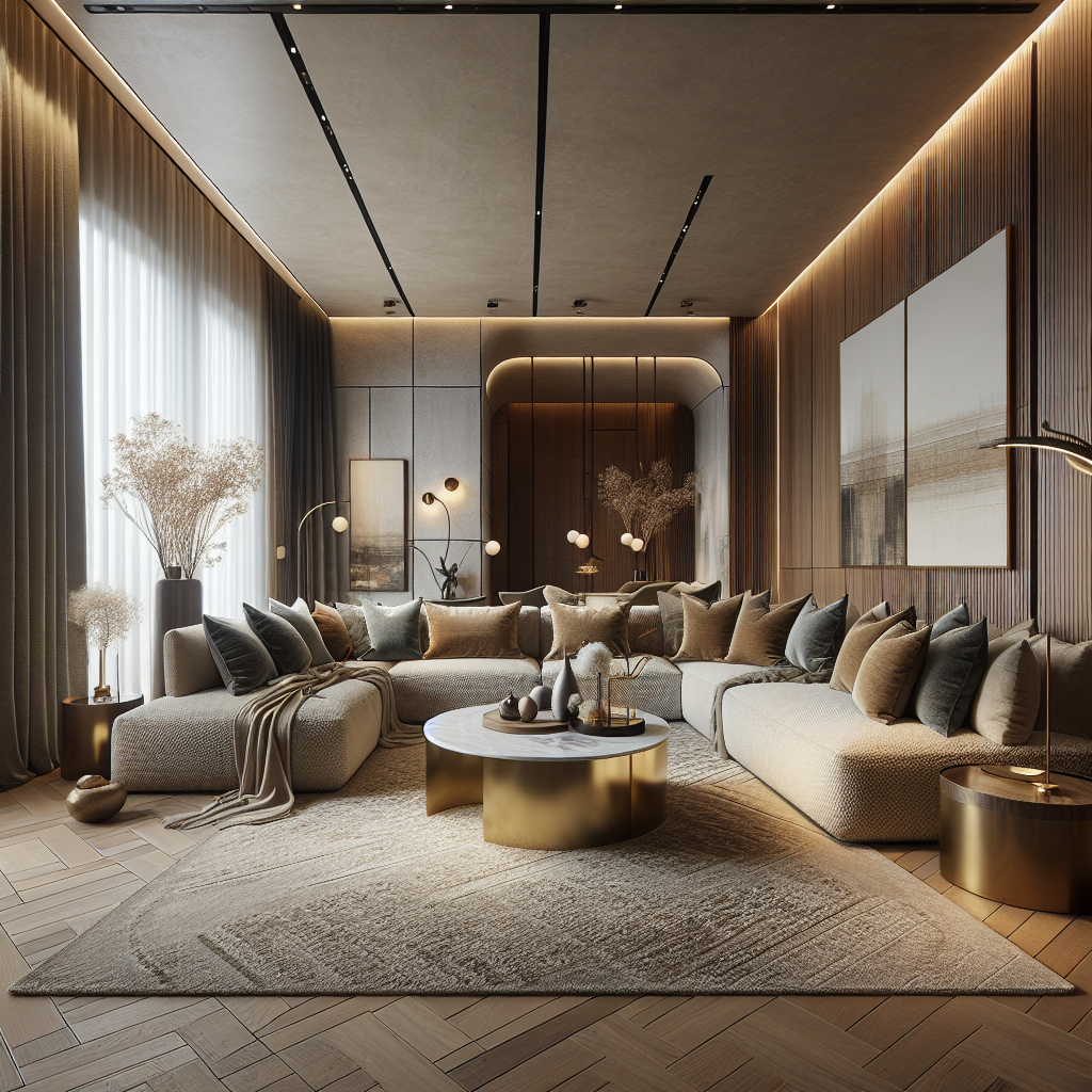 Moderne woonkamer met luxe meubels, warme tinten en sfeervolle verlichting.