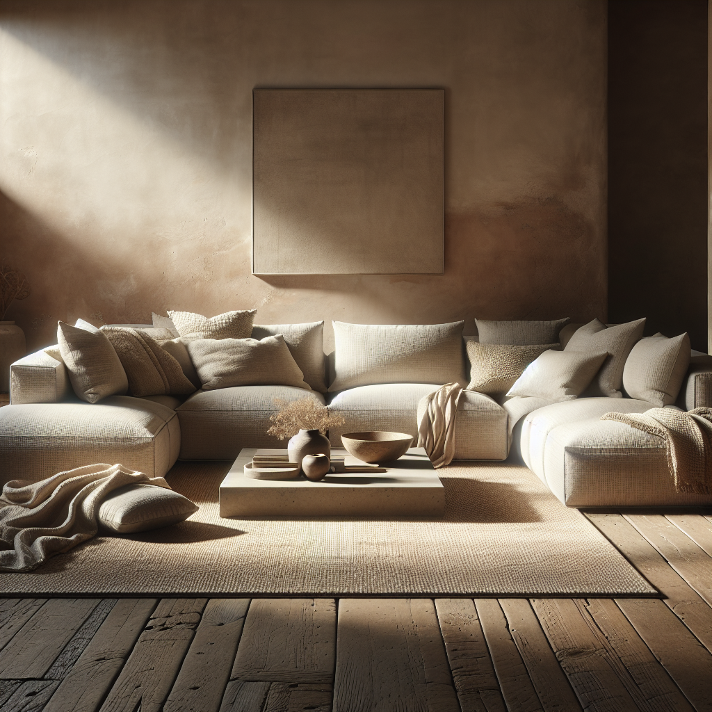 Helles Wohnzimmer mit beigem Sofa, Holzboden, und minimalistischer Dekoration.