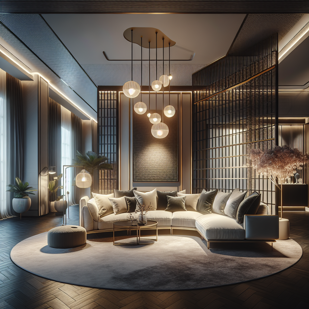 Luxe woonkamer met een moderne bank, sfeervolle verlichting en elegant interieurdesign.