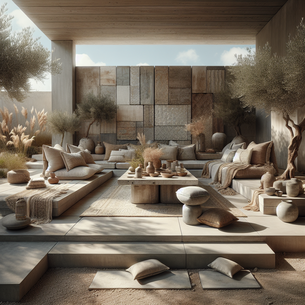 Een serene buitenruimte met neutrale tinten, comfortabele kussens en decoratieve potten.