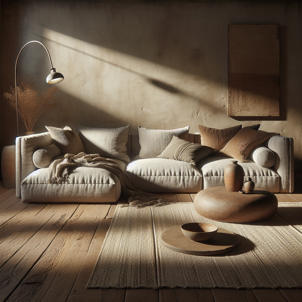 Cozy living room with a plush sofa, warm tones, and natural decor elements.