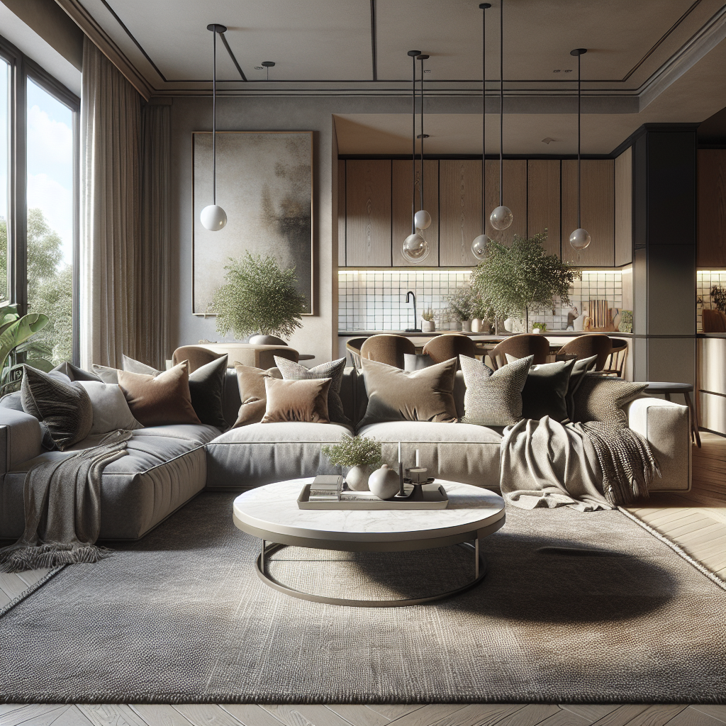 Moderne woonkamer met een comfortabele bank, planten en een stijlvolle eethoek.