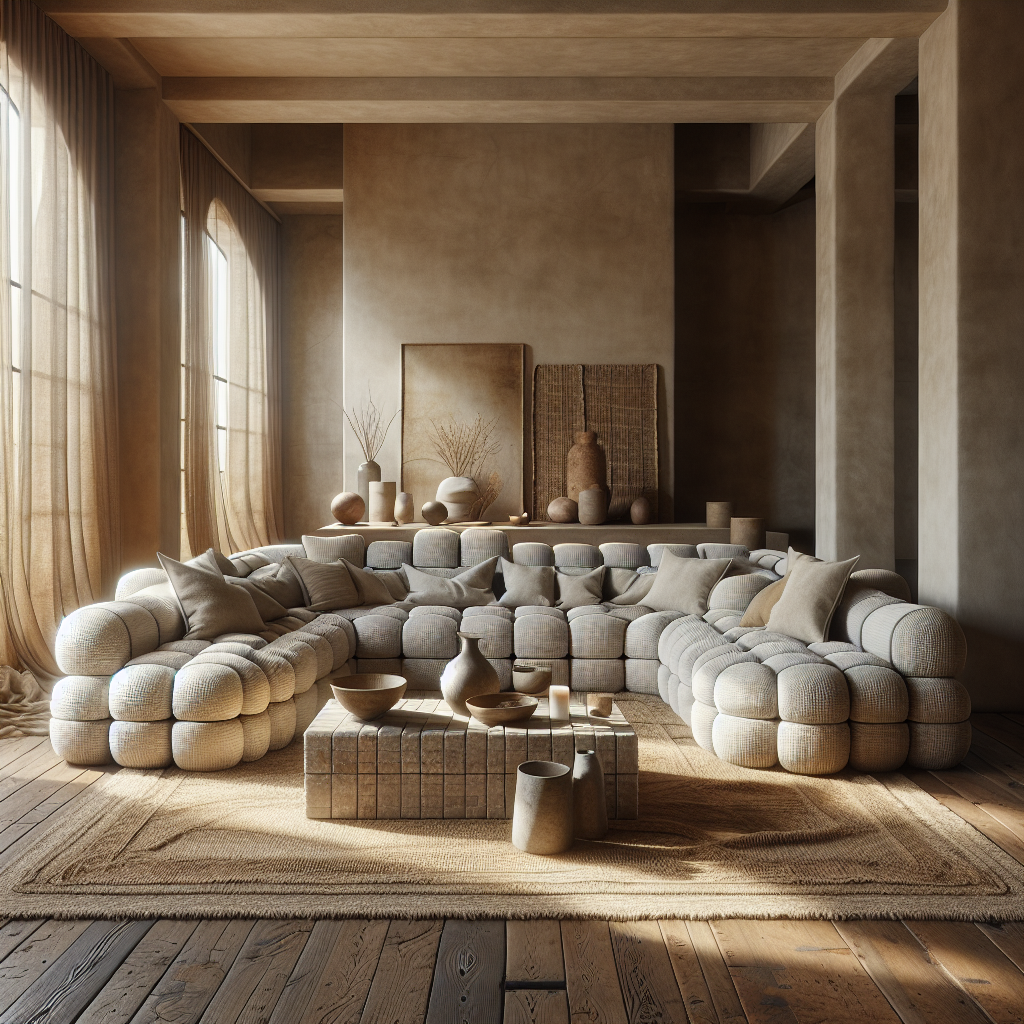 Moderne woonkamer met een comfortabele, organische bank en aardetonen decor.