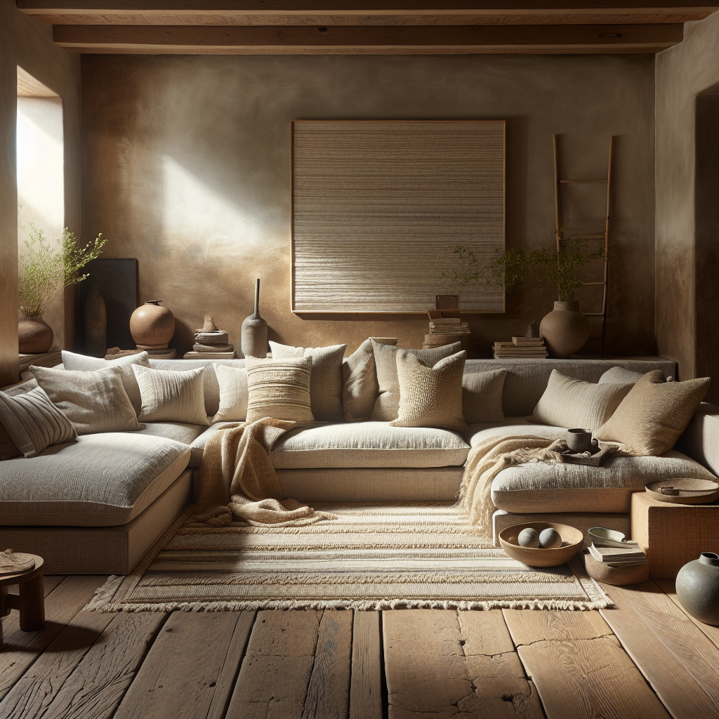 Gemütliche Sitzecke mit Kissen, warmen Tönen und natürlichen Materialien.