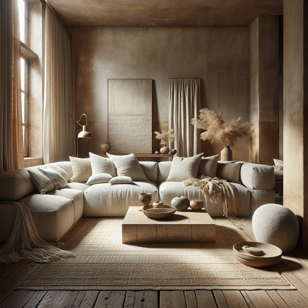 Modernes, gemütliches Wohnzimmer mit neutralen Tönen und stilvollen Dekorationselementen.