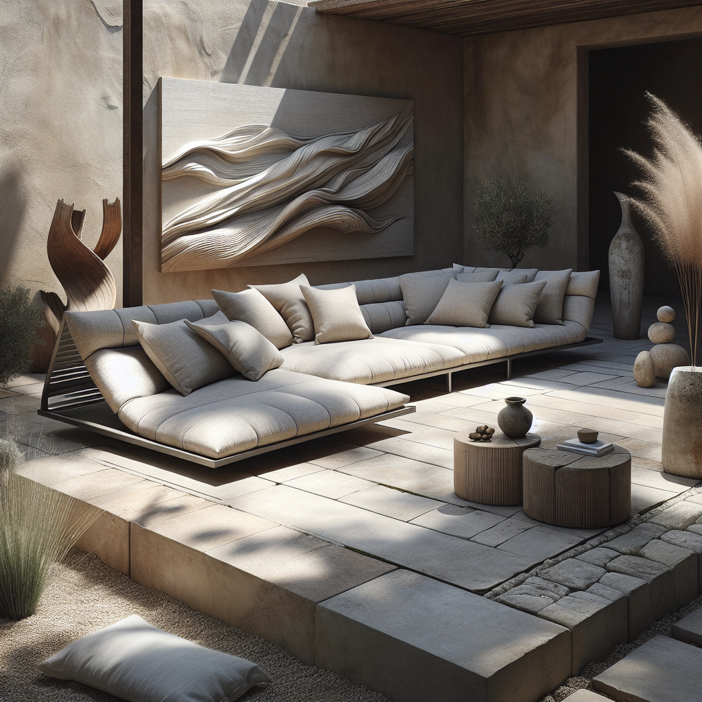 Een moderne zithoek met rustieke accenten en natuurlijke decoraties.