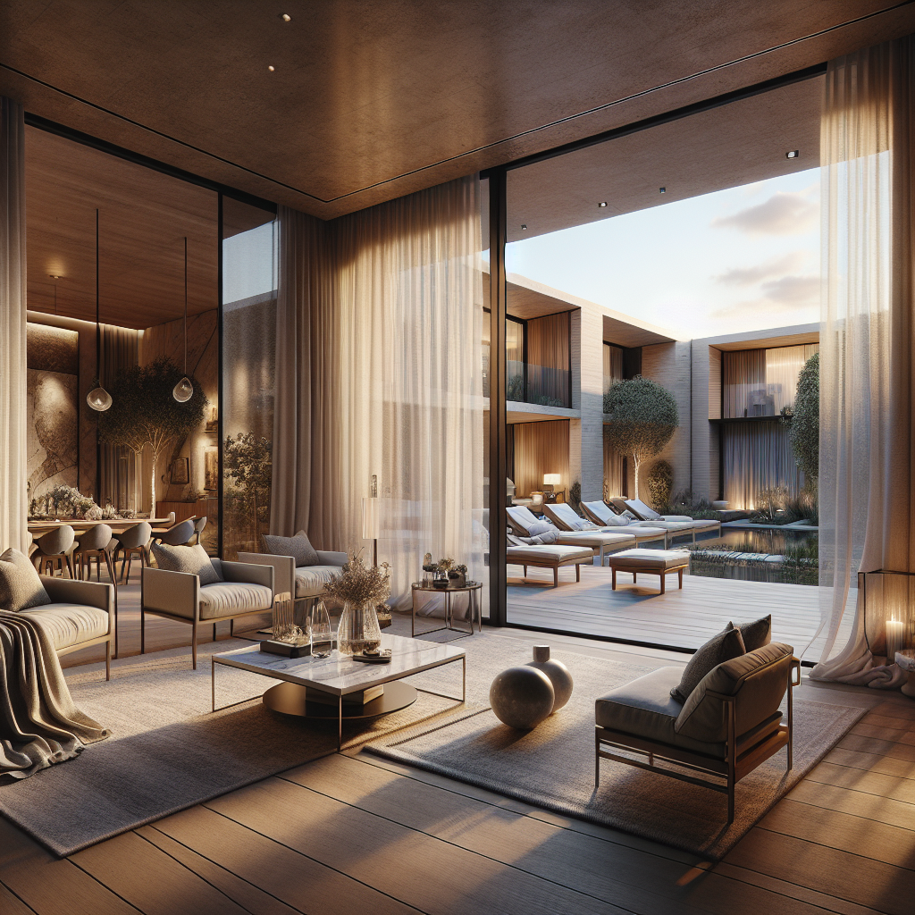 Een moderne woonkamer met uitzicht op een serene buitenruimte en zwembad.