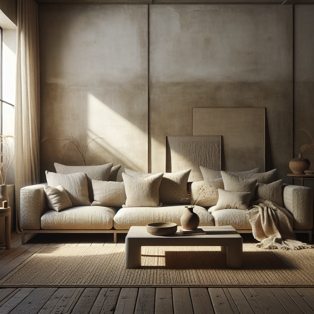 Moderner Wohnraum mit gemütlichem Sofa und weichen Kissen in neutralen Farben.