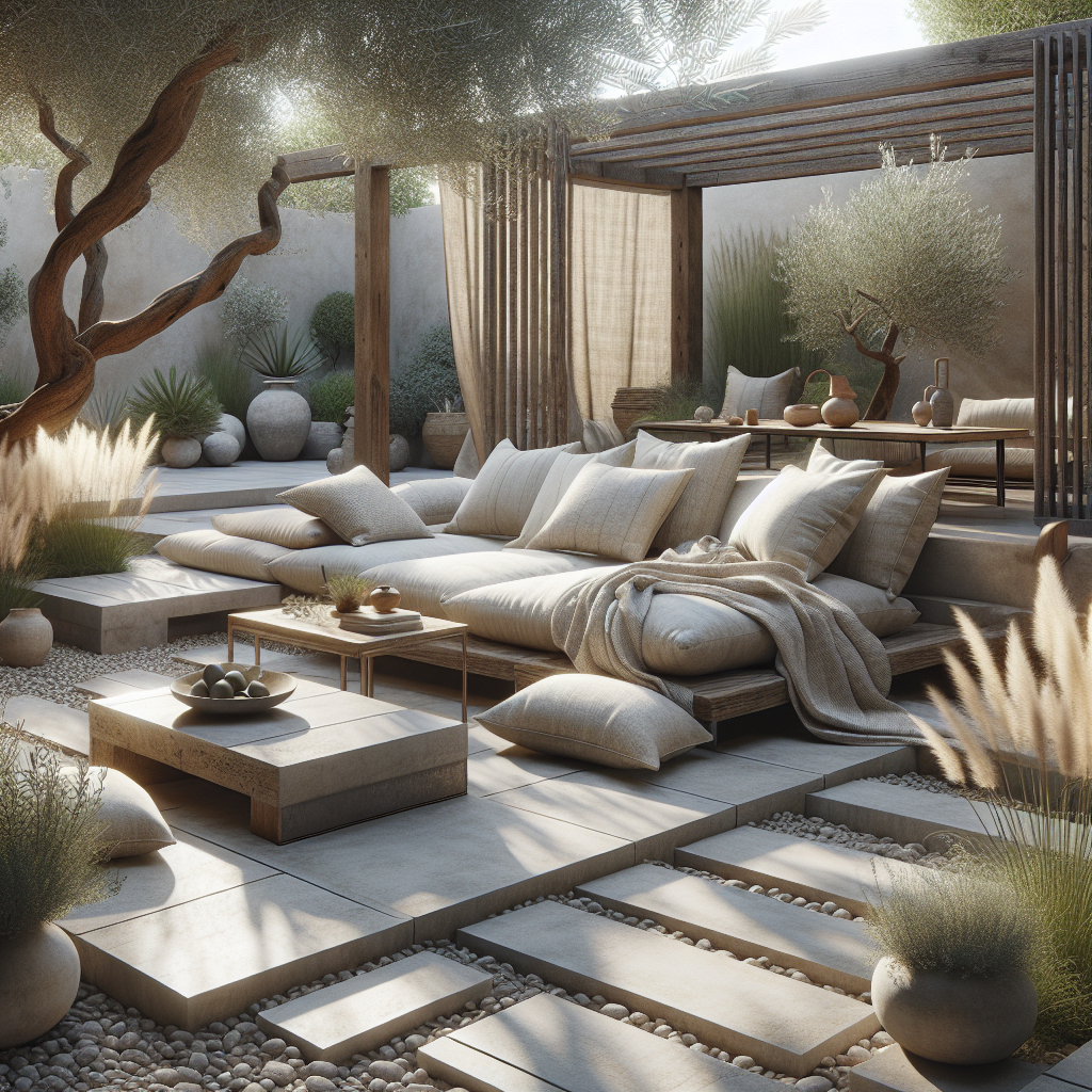 Een serene buitenruimte met comfortabele meubels en overvloedige groene planten.