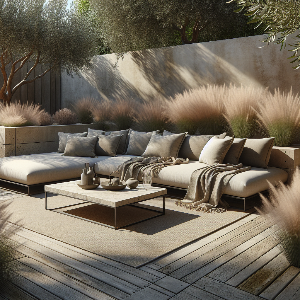 Een moderne tuin met een comfortabele loungeset en siergrassen.
