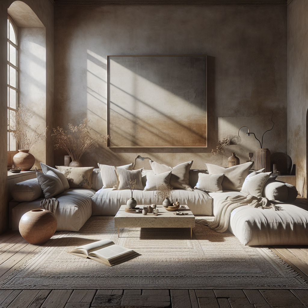 Wohnzimmer mit bequemer Couch, warmem Licht und minimalistischer Dekoration.