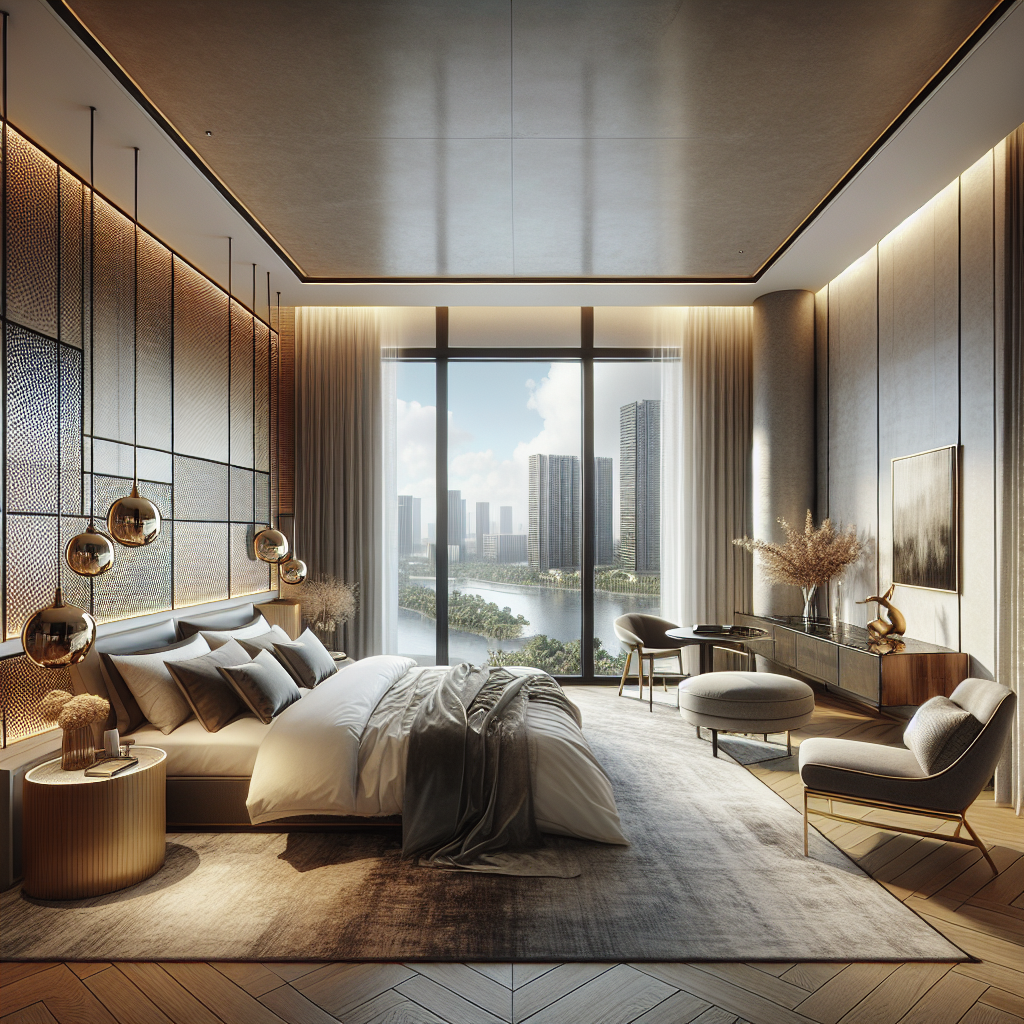 Luxe slaapkamer met uitzicht op de stad en een prachtig meer.