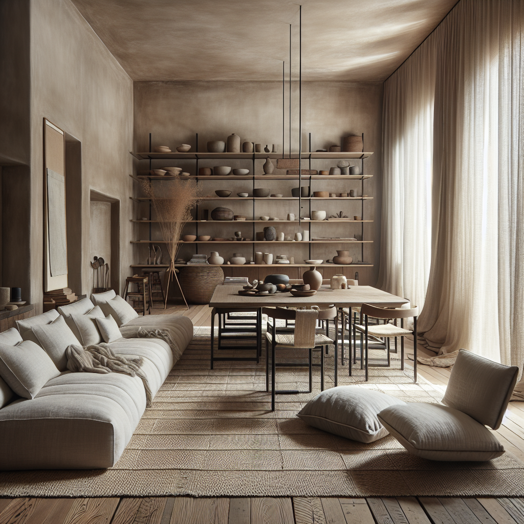 Ein stilvolles Wohnzimmer mit modernen Möbeln und dekorativen Keramiken im Hintergrund.