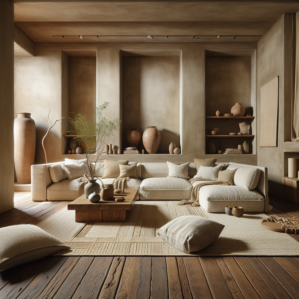 Moderne woonkamer met aardse tinten, comfortabele meubels en decoratieve aardewerken voorwerpen.