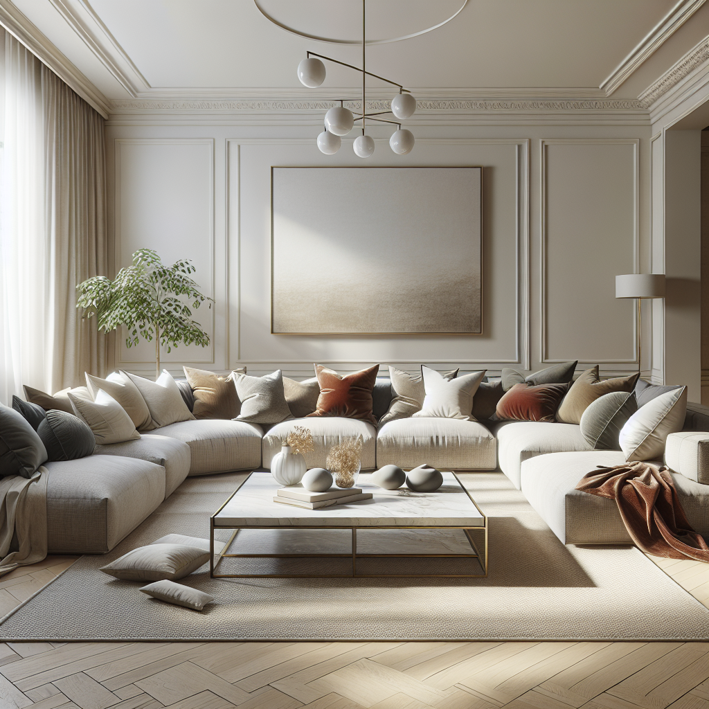 Hedendaagse woonkamer met een grote bank, kussens en een houten vloer.