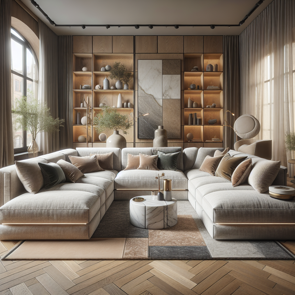 Modern woonkamer met een grote, comfortabele bank en stijlvolle decoraties.