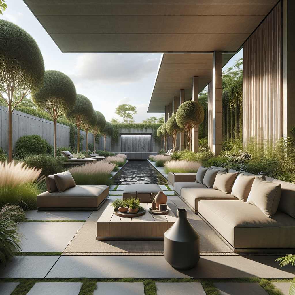 Stijlvolle tuin met een waterpartij, comfortabele loungesets en groene bomen.