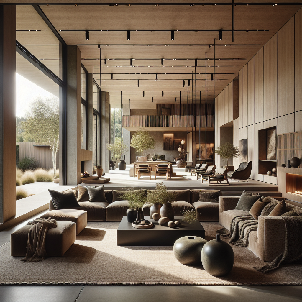 Moderne woonkamer met natuurlijke elementen, hout, en ontspannen sfeer.
