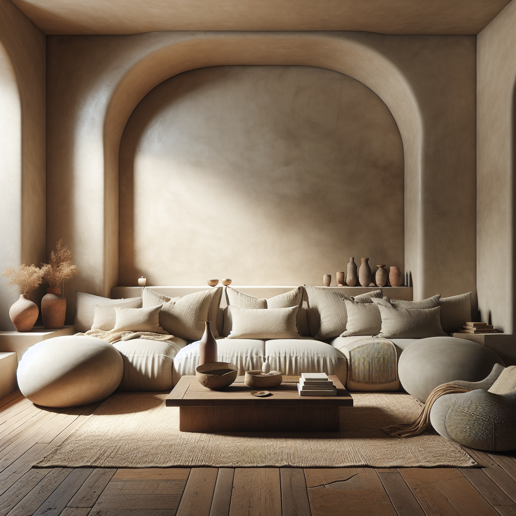 Een gezellige woonkamer met neutrale kleuren en comfortabele meubels.