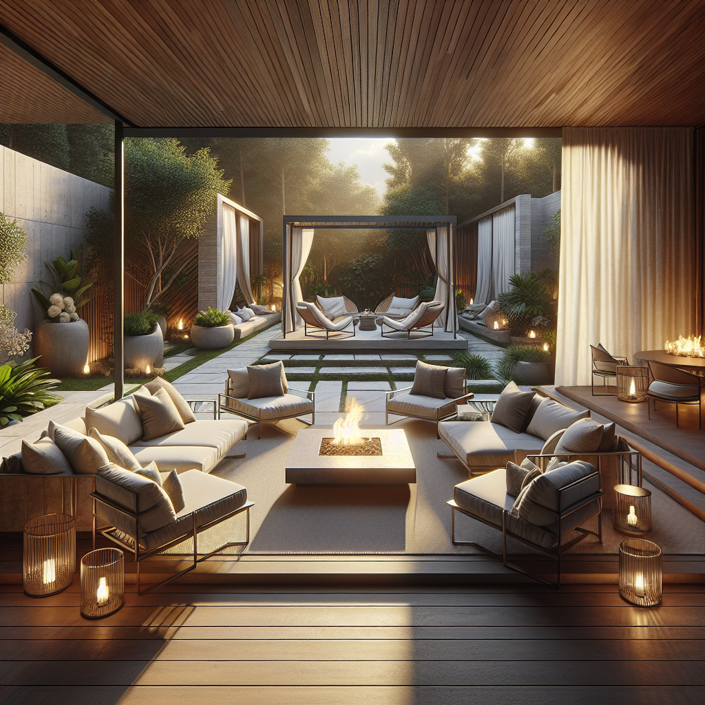 Stijlvol buitengebied met comfortabele zitplaatsen en een sfeervol vuur.