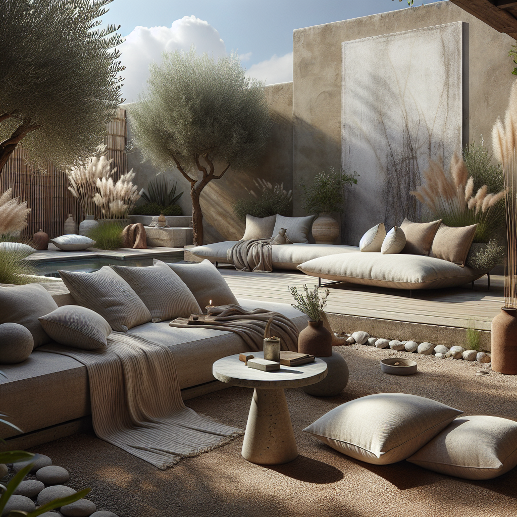 Stijlvolle buitenruimte met comfortabele meubels, planten en serene sfeer.