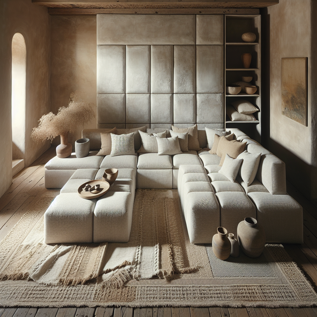 Ein modernes, gemütliches Wohnzimmer mit neutralen Farben und stilvollen Textilien.