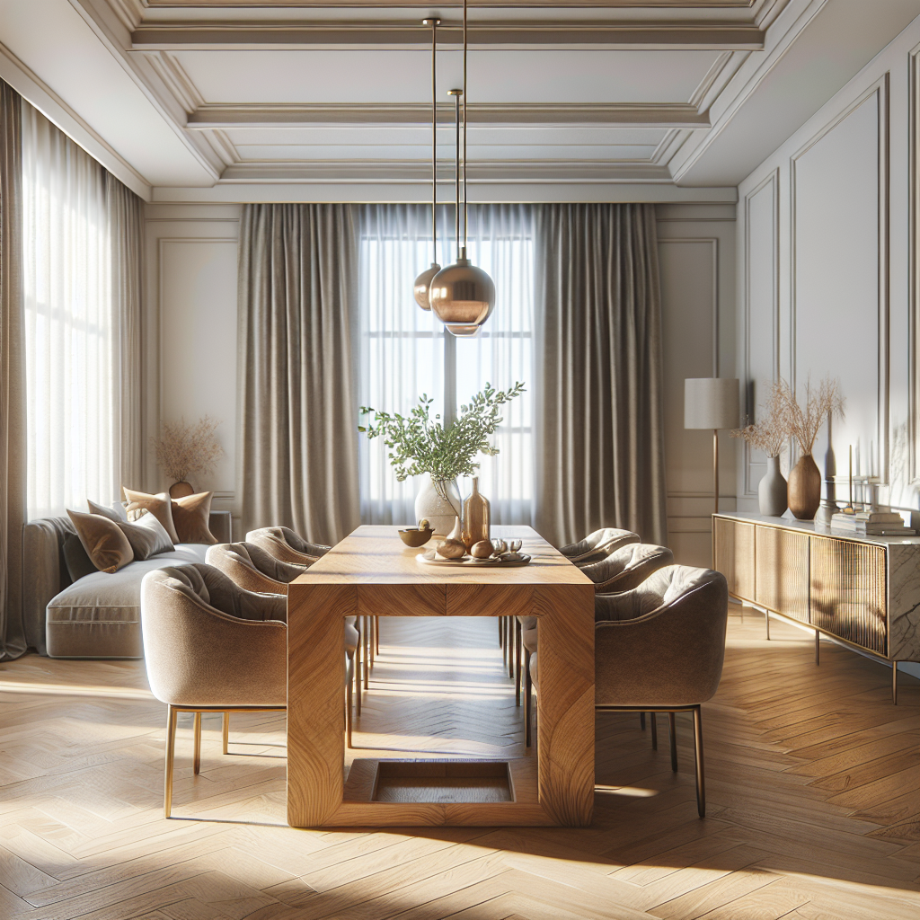 Moderne eetkamer met houten tafel, elegante stoelen en een zonnige sfeer.