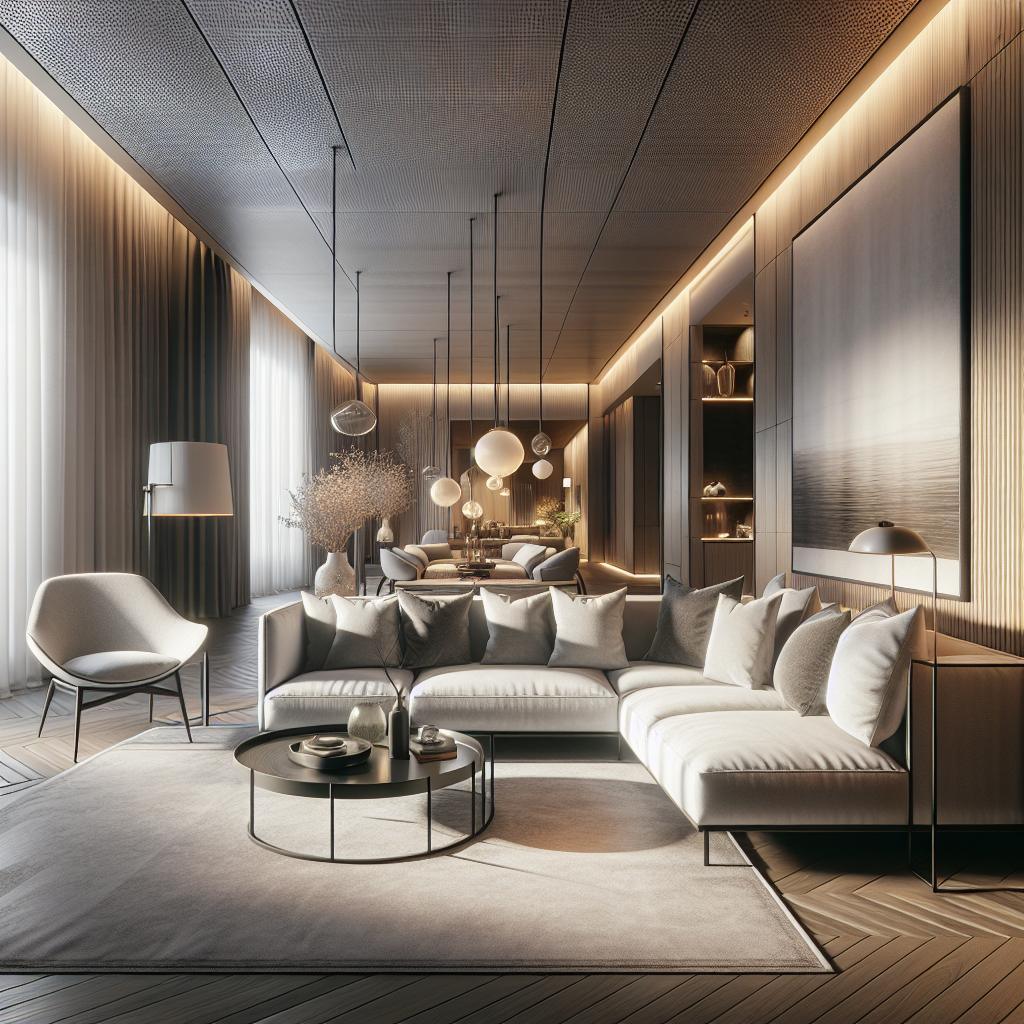 "Stijlvol interieurontwerp van een luxe woonkamer met houten vloeren en panelen, elegante designmeubels, minimalistische decoratie en sfeervolle verlichting."