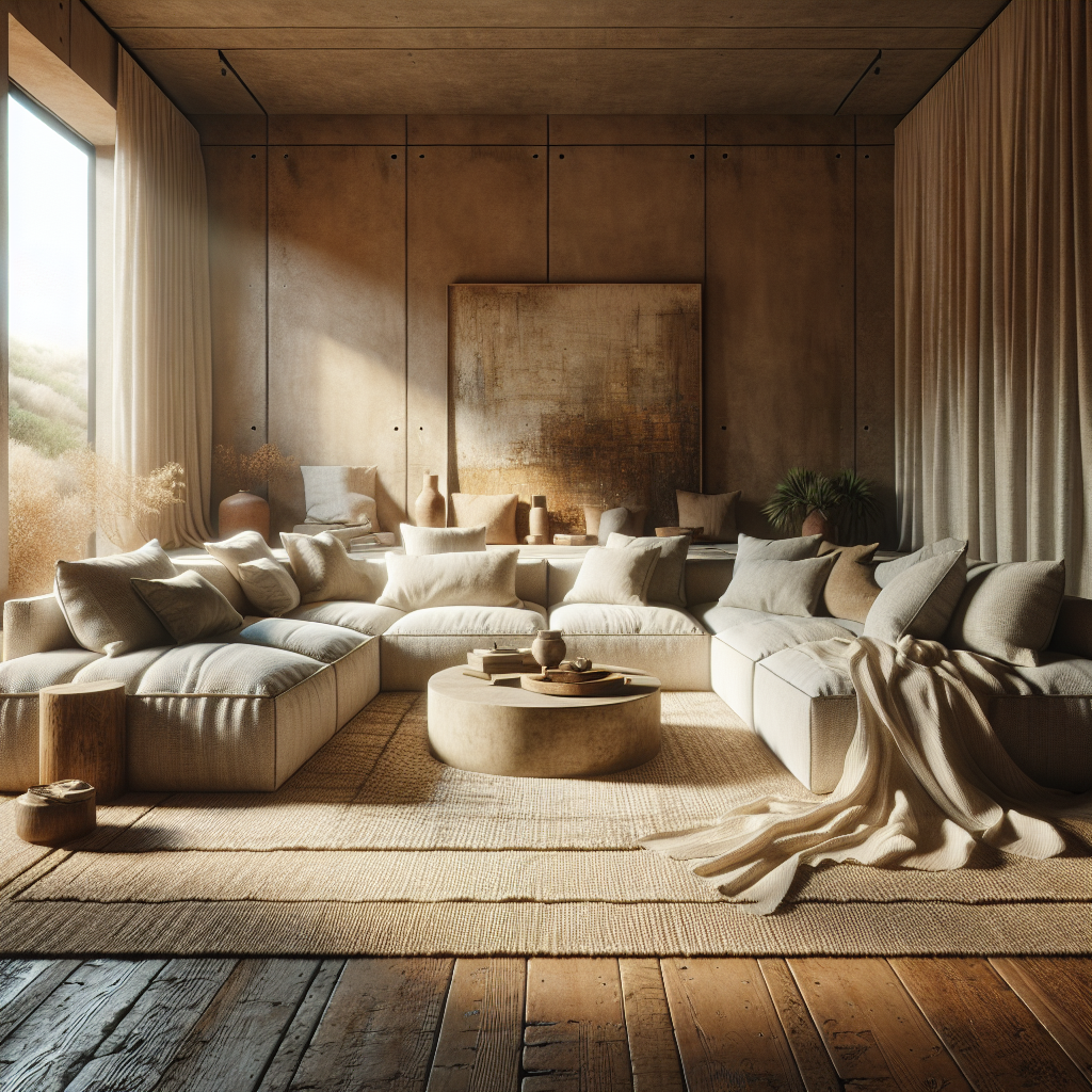 Licht woonkamer met een grote, comfortabele bank en natuurlijke materialen.