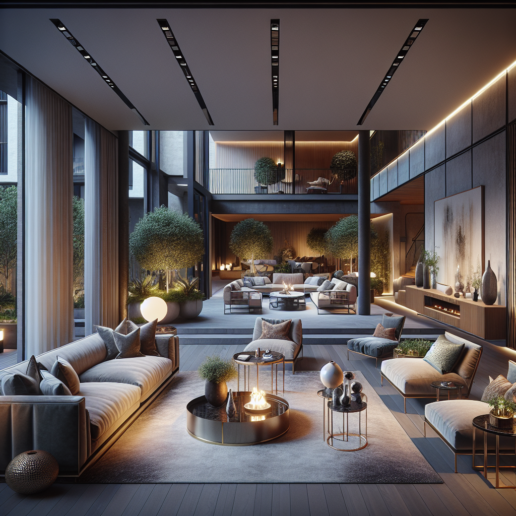 Moderne woonkamer met elegante meubels, een open ruimte en groene planten.