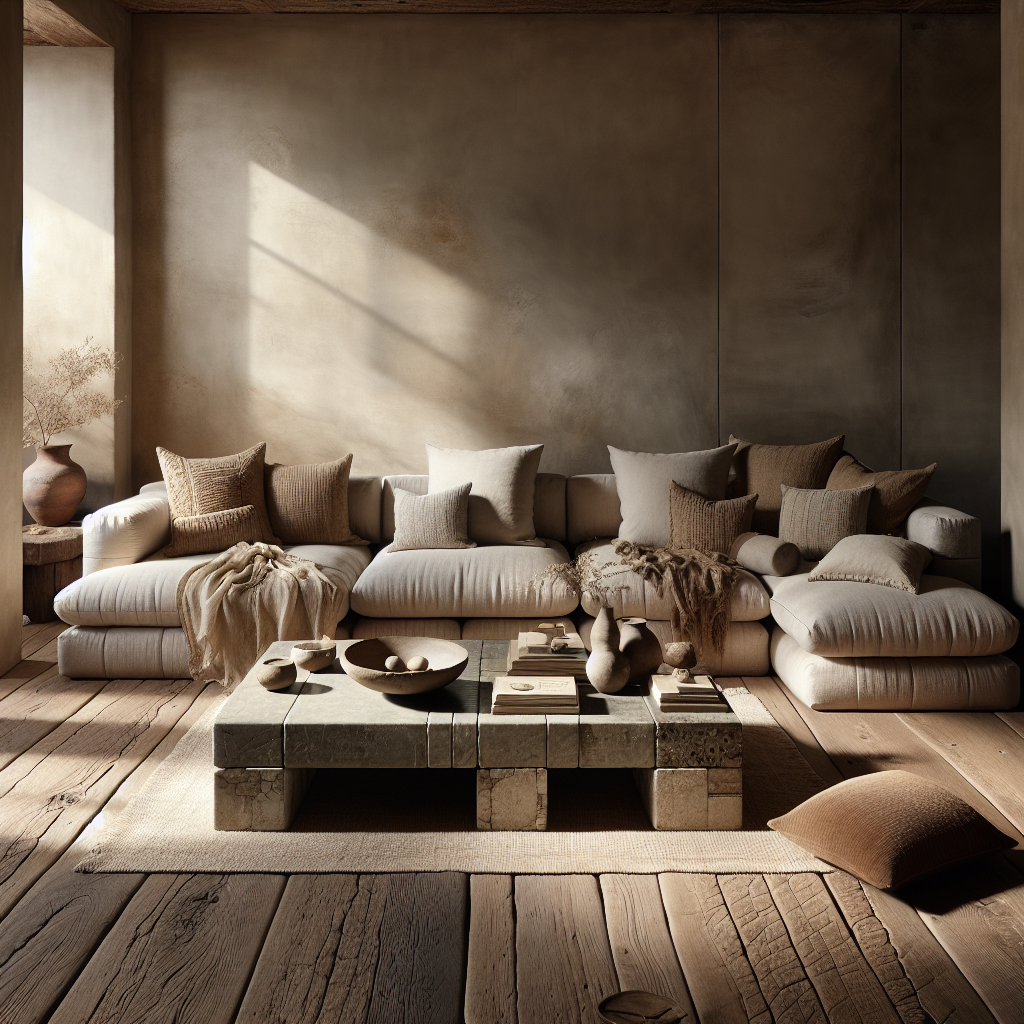 Gemütliches Wohnzimmer mit neutralen Farben, weichen Kissen und Holzboden. Minimalistische Dekoration.