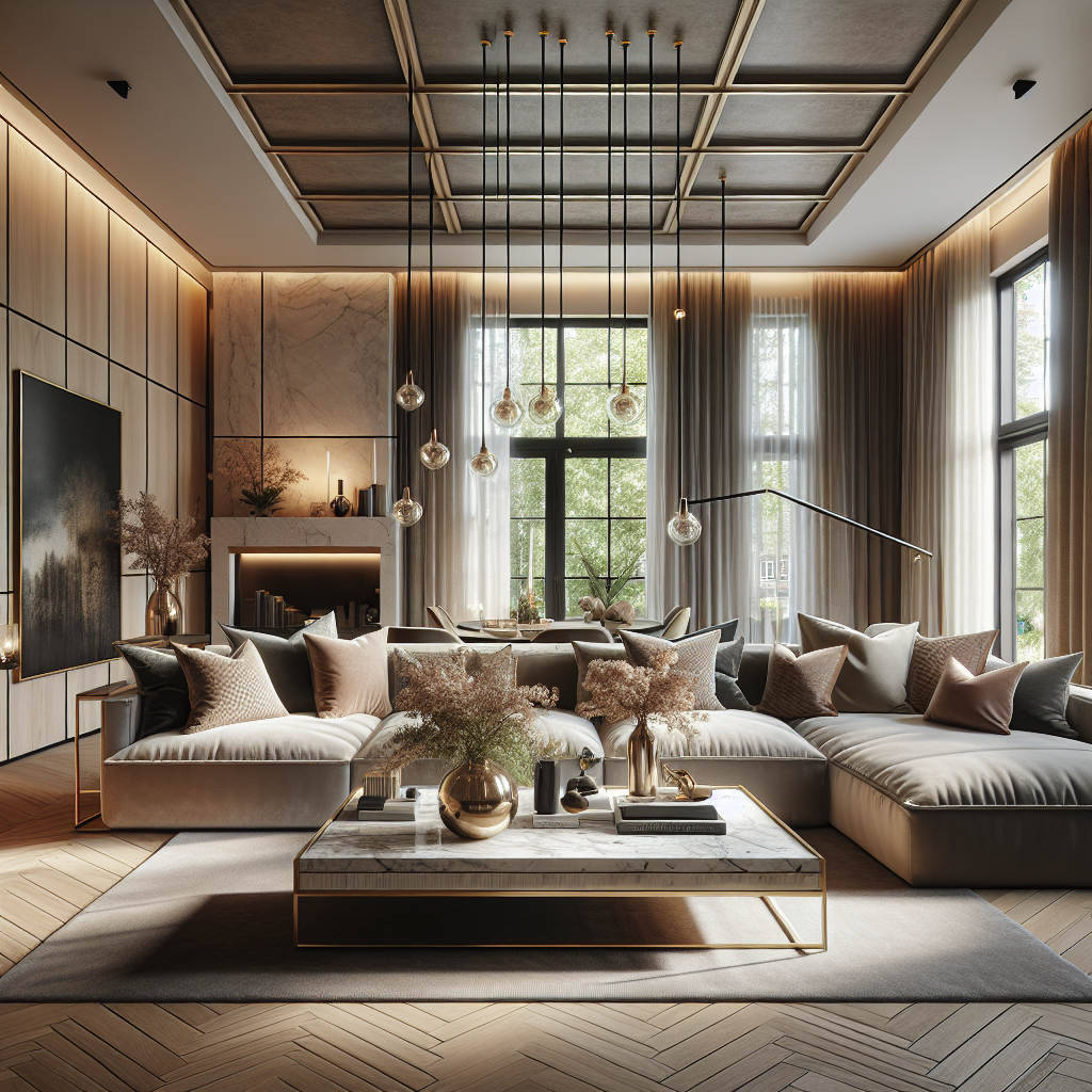 Moderne woonkamer met een elegante inrichting en veel natuurlijk licht.